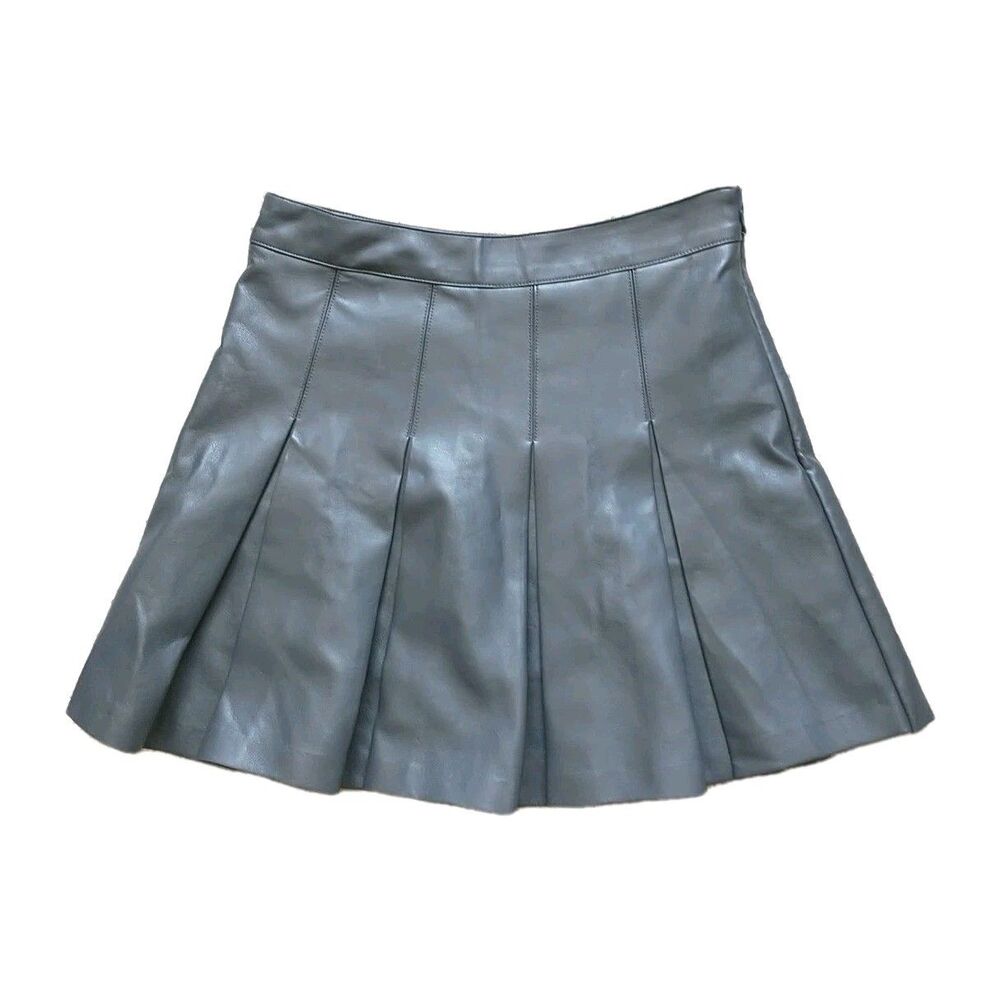 Oak+Fort Mini Skirt M Gray Pleated Faux Leather Vegan Preppy New